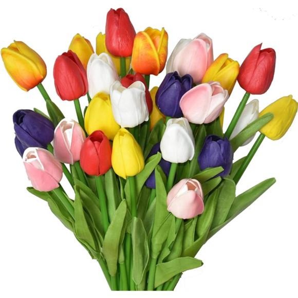 24pcs Multicolor Artificial Tulips Flowers Fake Faux PU Tulip Bouquet Real Touch - Picture 1 of 7